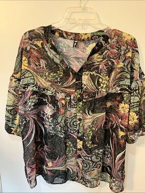 Sheer Garden Floral Button-Front Blouse - Black Multicolor